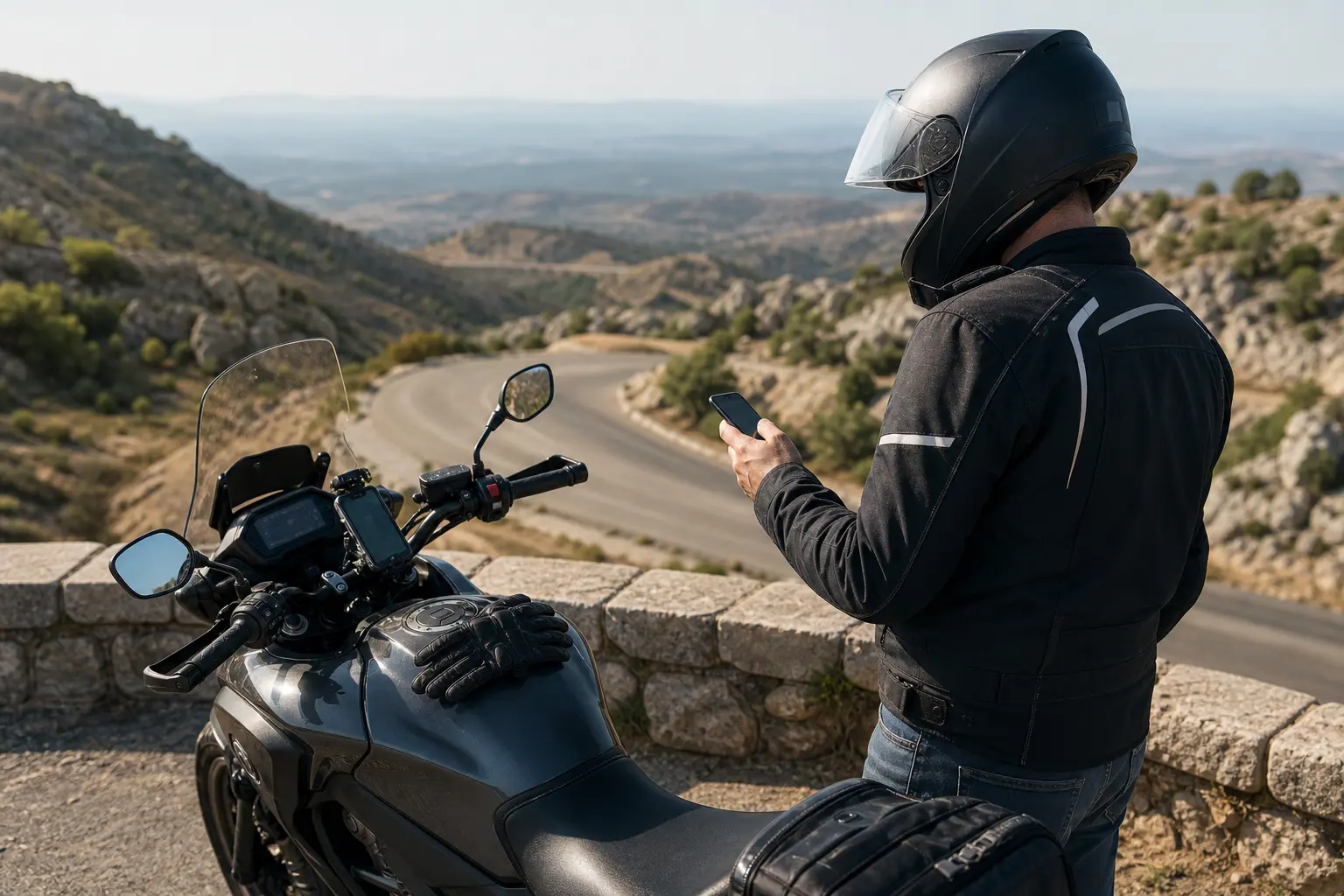 Motorcyclist reviewing a route before riding curving roads.