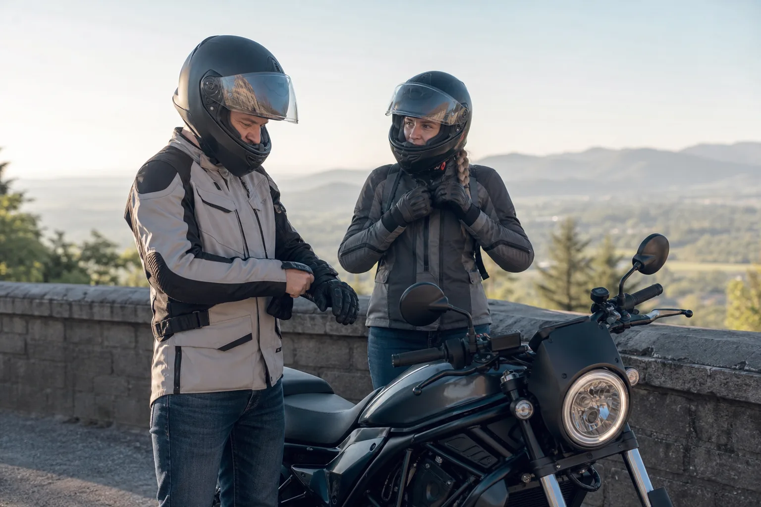 Motorcyclist and passenger preparing calmly beside a motorcycle before a ride.