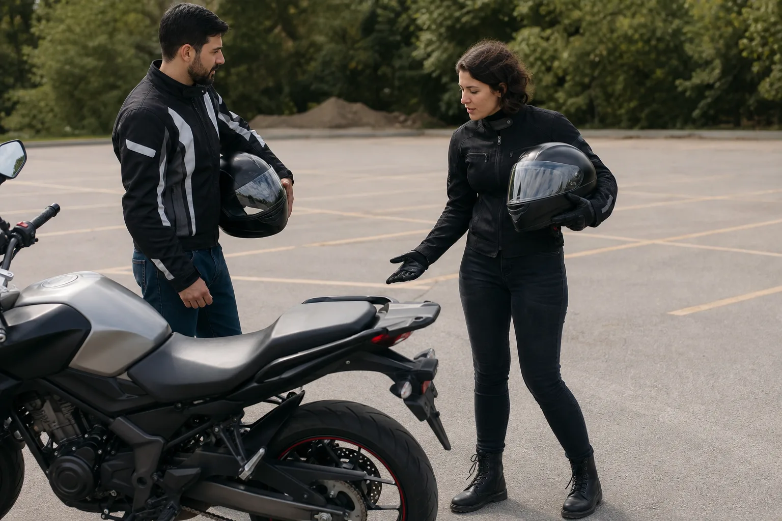Rider briefing a passenger beside a motorcycle before riding.