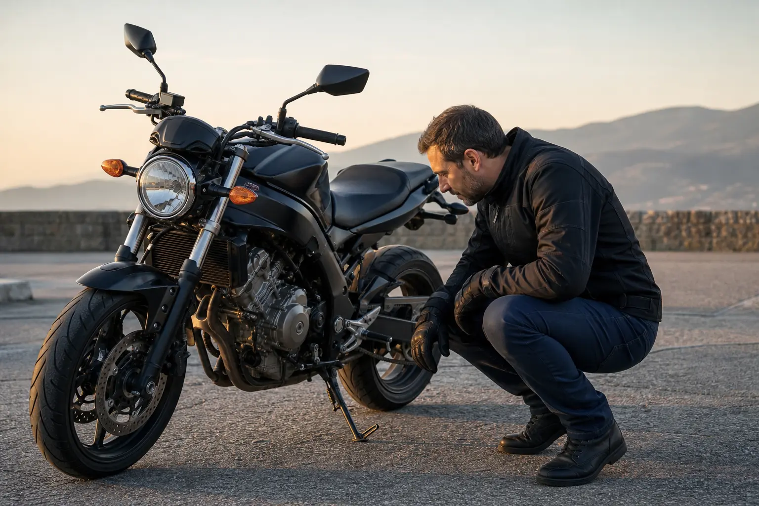 Rider checking the lower engine area of a parked motorcycle on level ground.