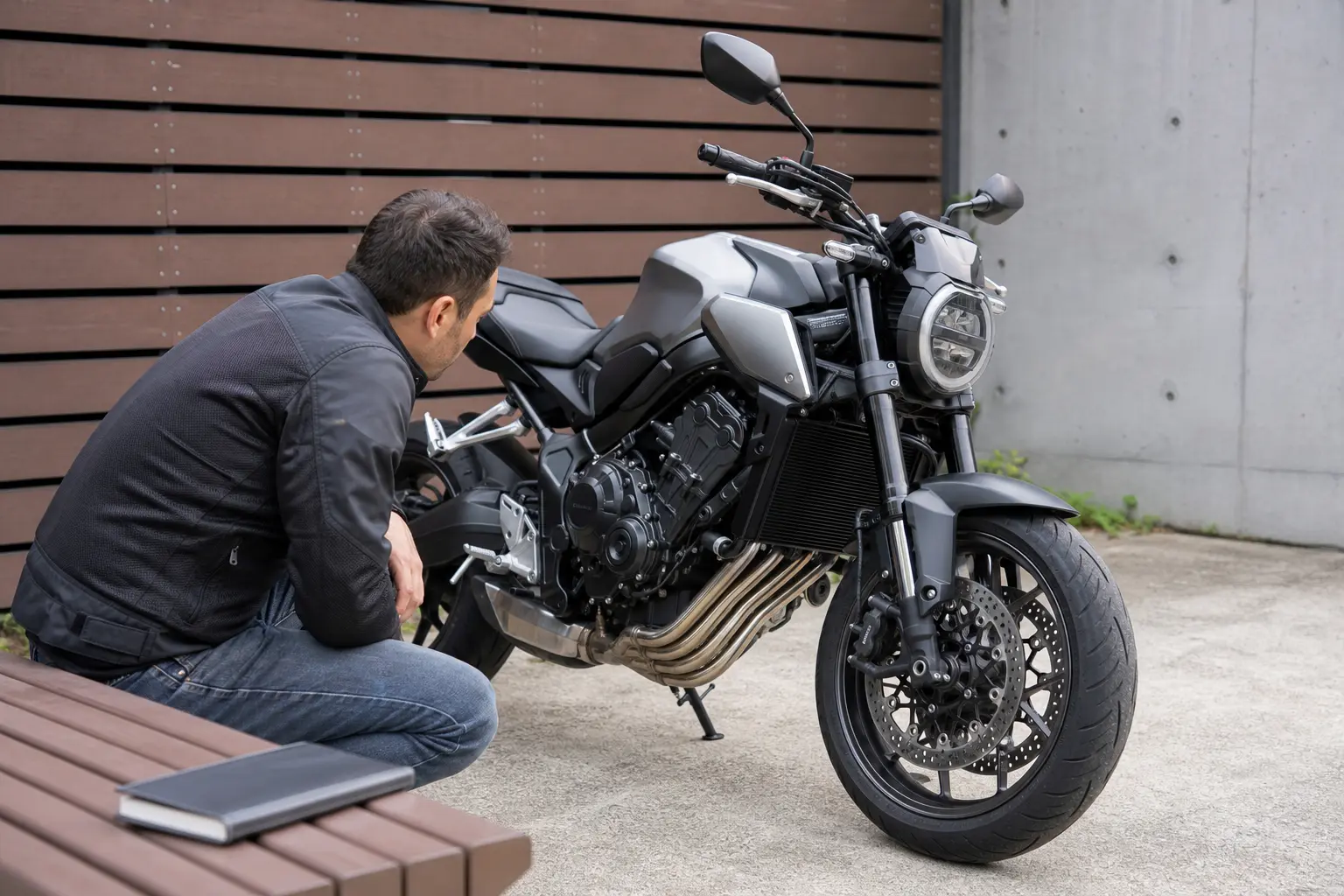 Motorcycle positioned on level ground for a manual-first oil inspection.