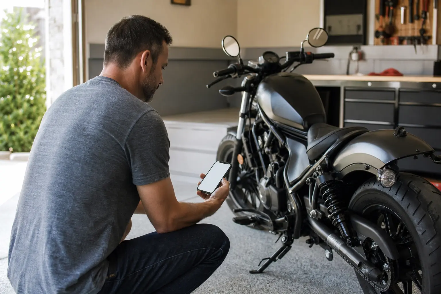 Rider recording a motorcycle inspection result beside a parked bike.