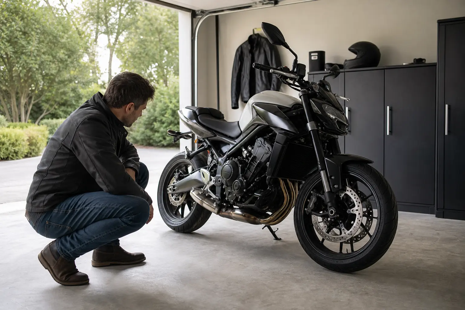 Rider visually checking a parked liquid-cooled motorcycle in a garage.