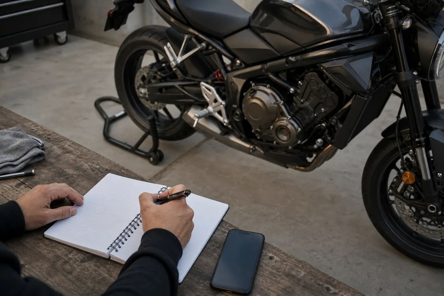 Rider recording a motorcycle maintenance observation after an inspection.