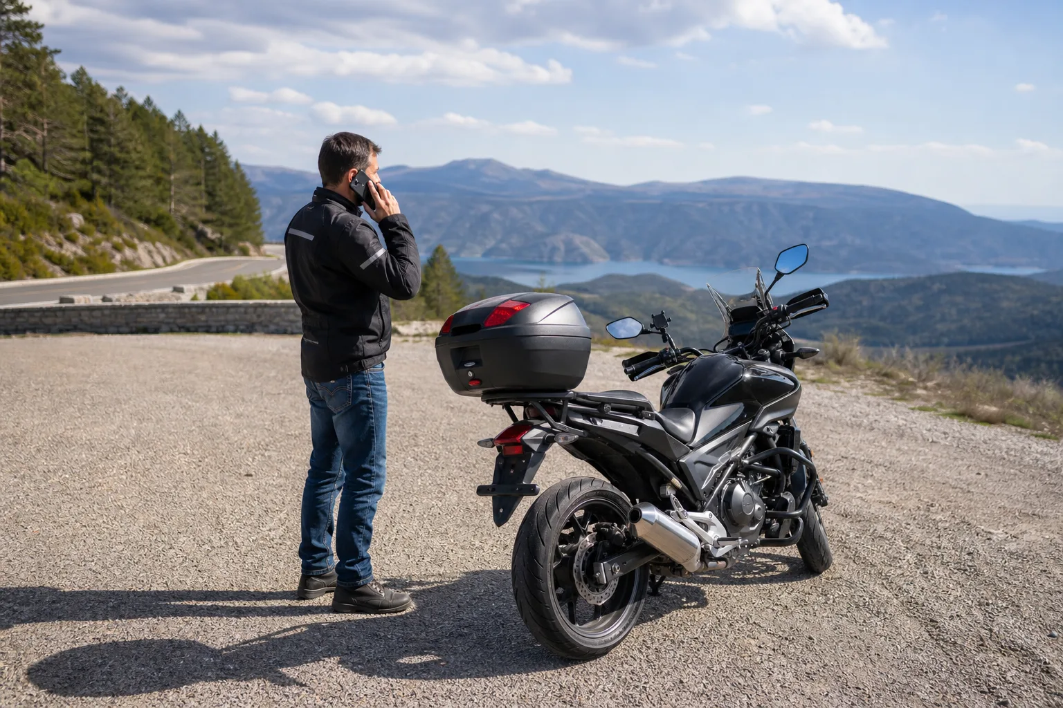 Motorcyclist stopped safely at a roadside pull-off after noticing a warning light.