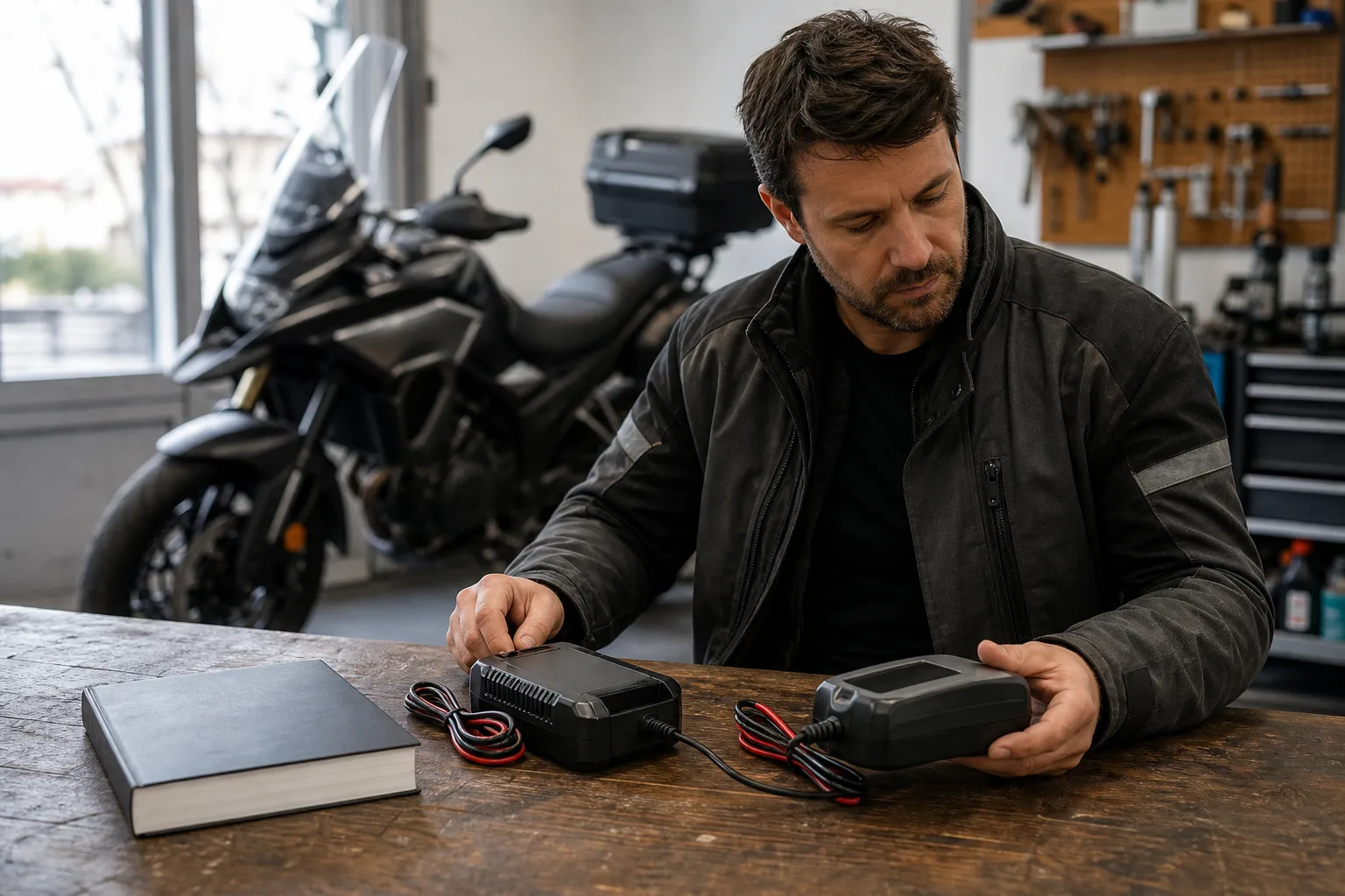 Rider comparing battery charging equipment before motorcycle storage.