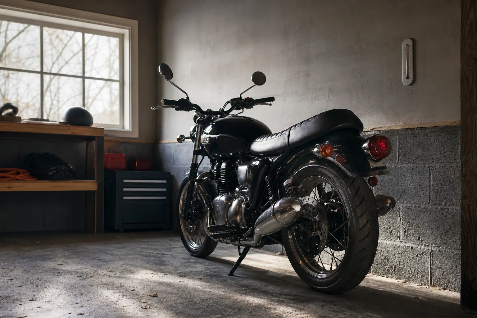 Motorcycle in a dry indoor storage space with changing seasonal conditions.