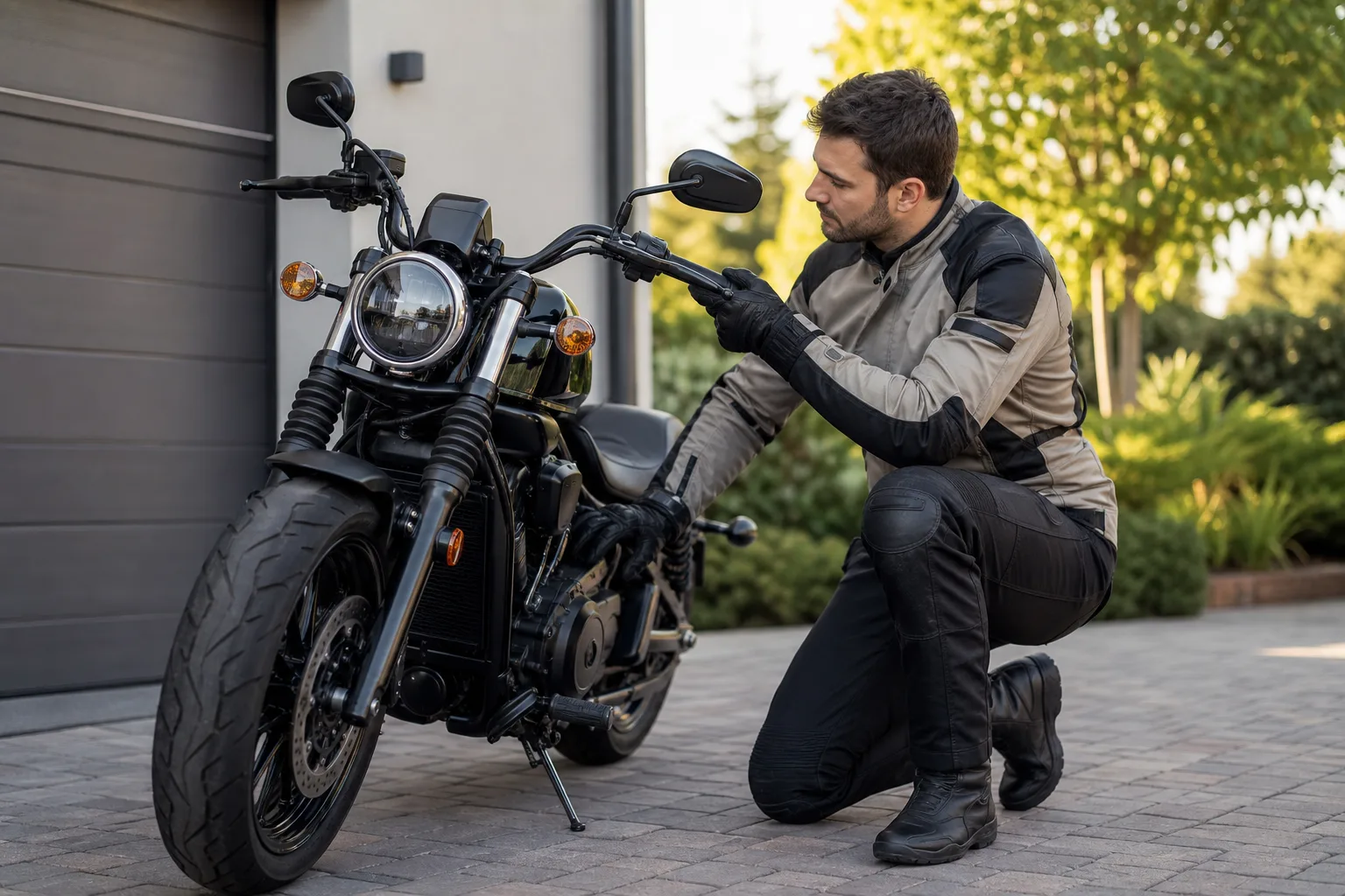 Rider checking a motorcycle front brake lever while the bike is parked.