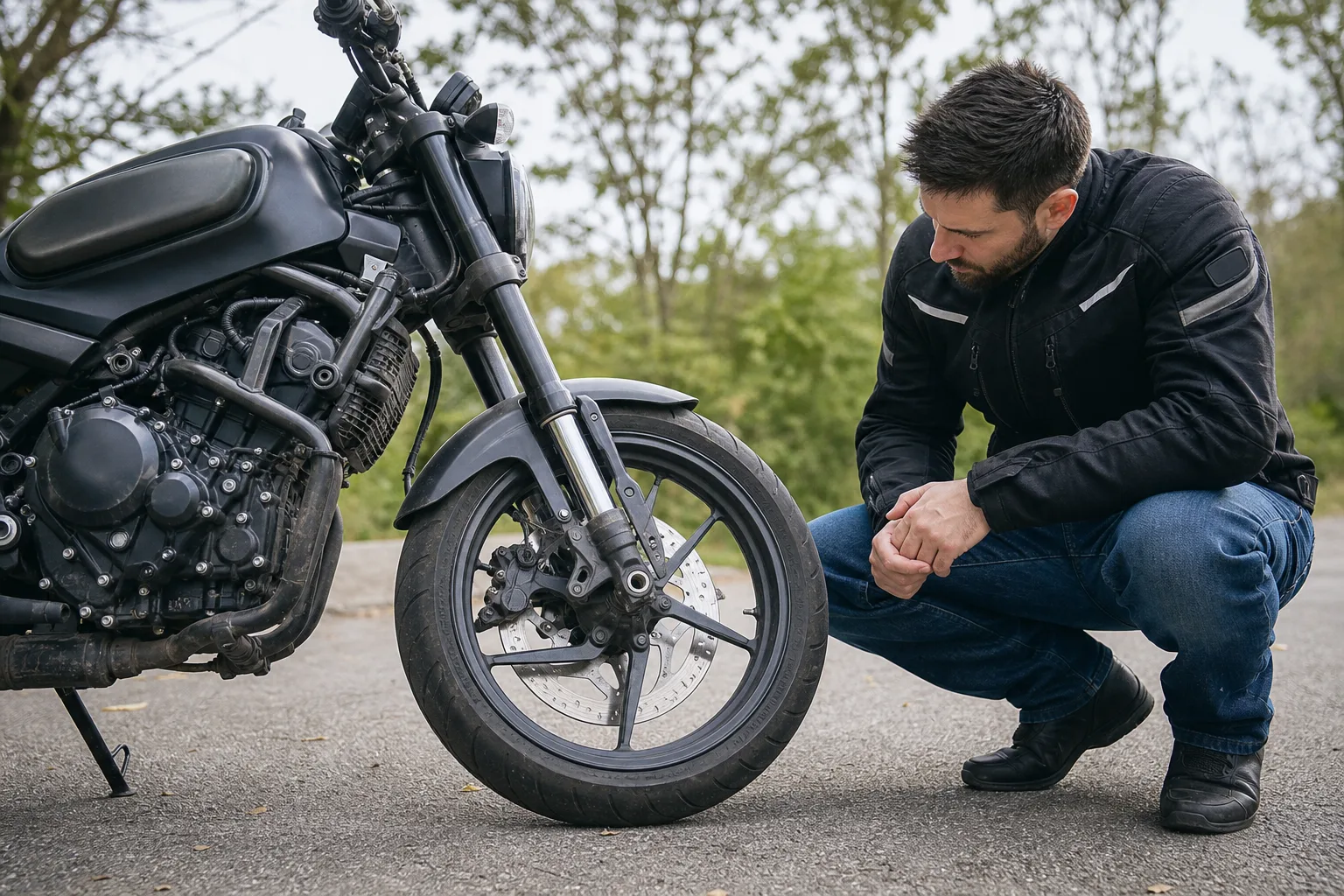 Parked motorcycle during a visual brake-area inspection.