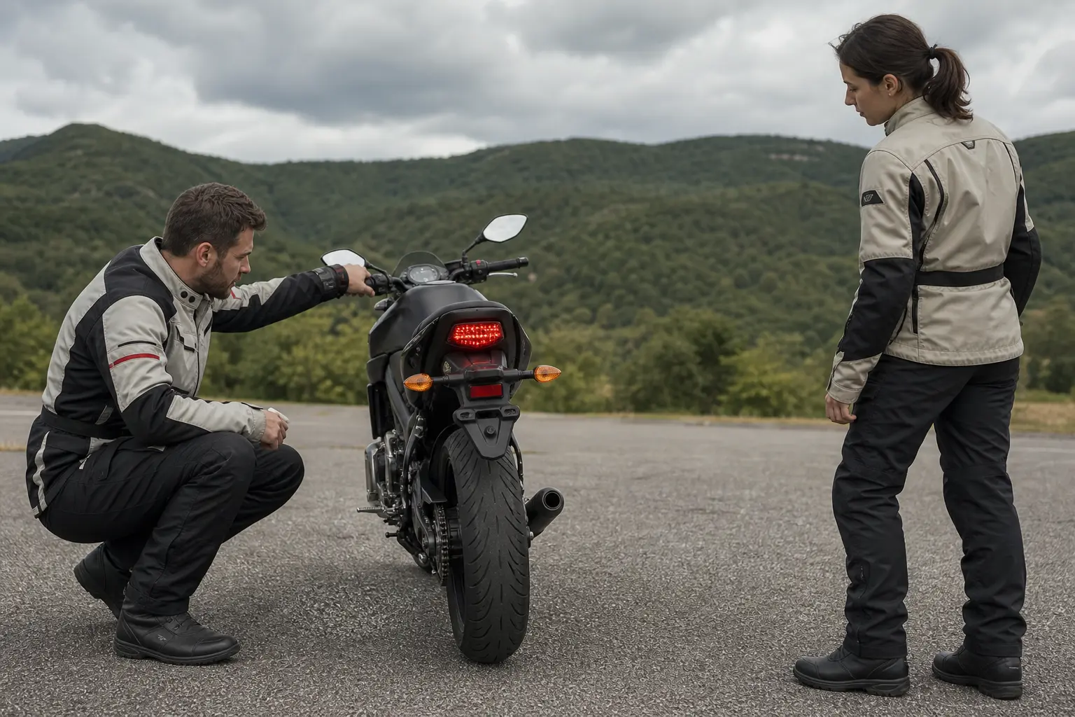 Two riders performing a parked motorcycle rear-light observation.