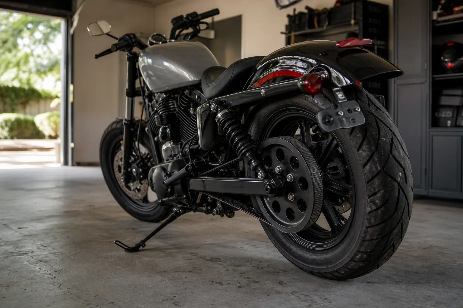 Parked belt-drive motorcycle with final-drive area visible for a routine inspection.