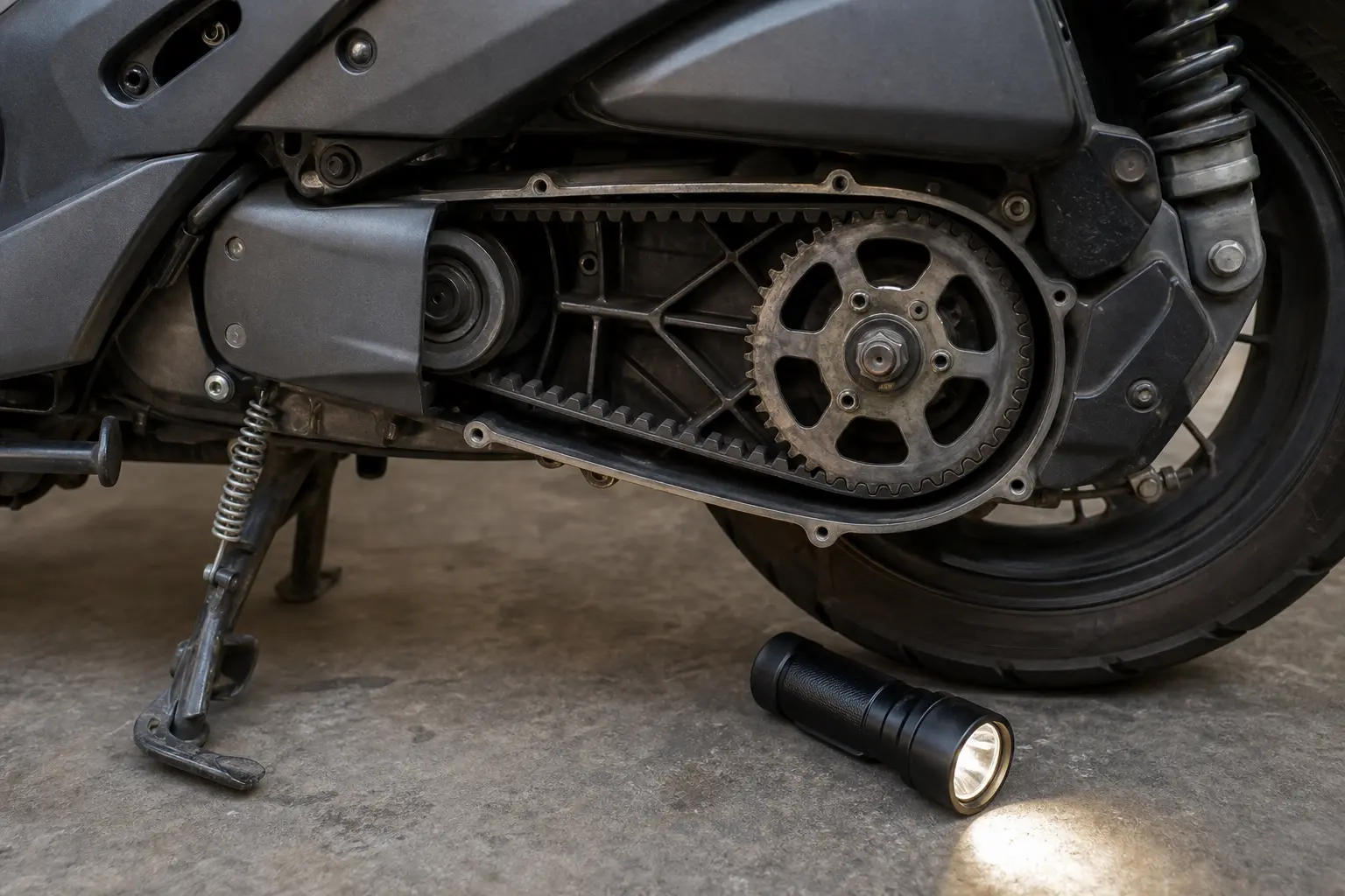 Close visual check of a motorcycle drive belt and rear sprocket under good light.