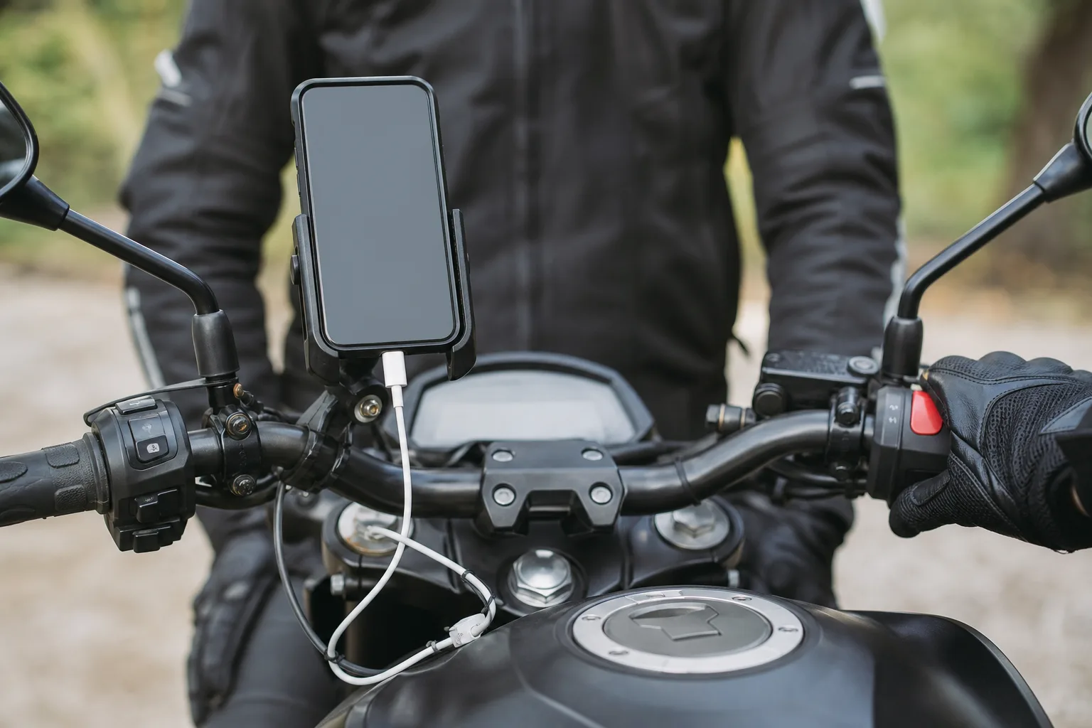 Motorcycle cockpit with a phone mount and charging lead.