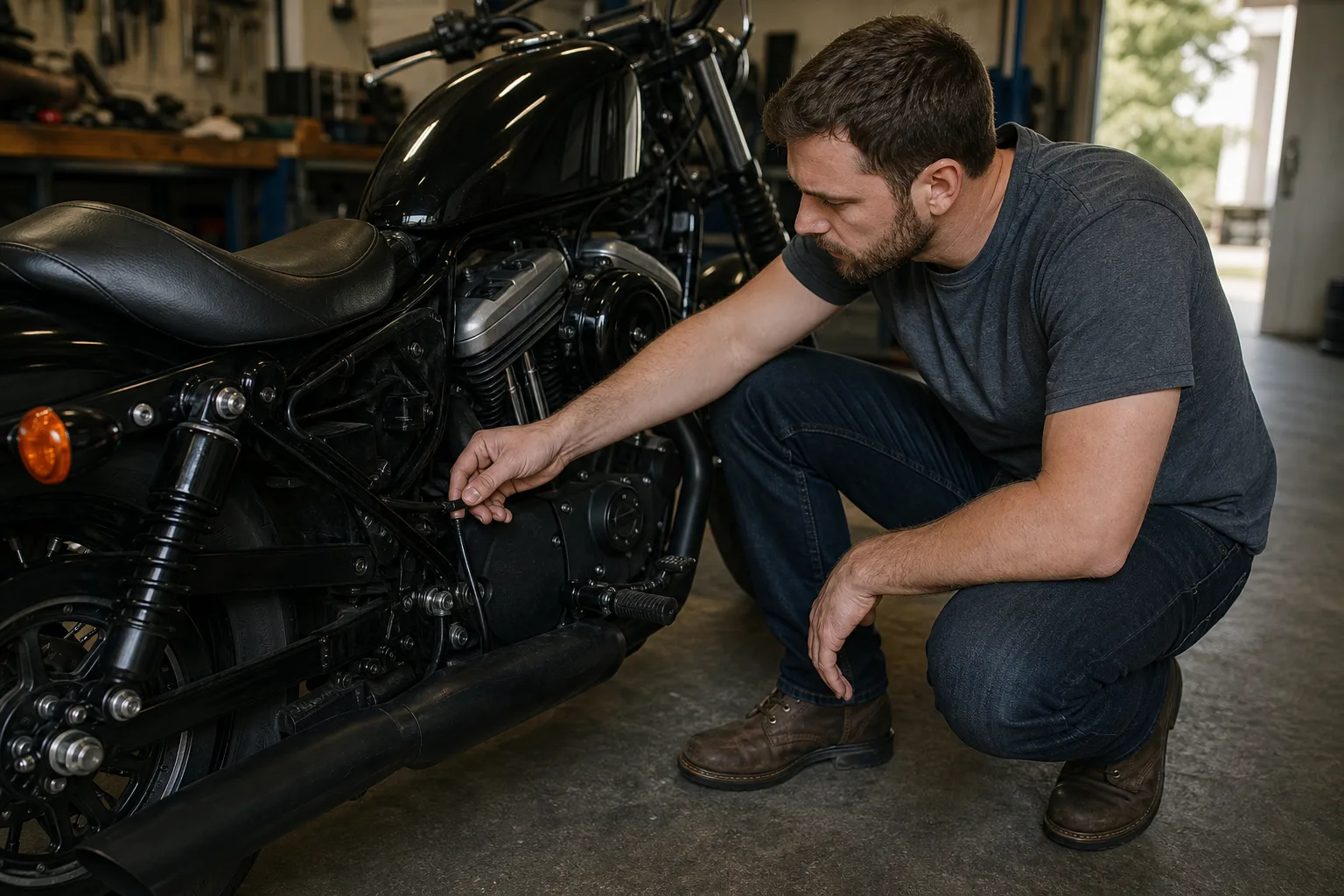 Rider visually checking accessory cable condition on a parked motorcycle.