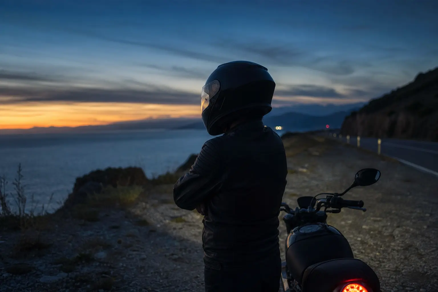 Motorcyclist wearing a clear face shield beside a road at dusk.
