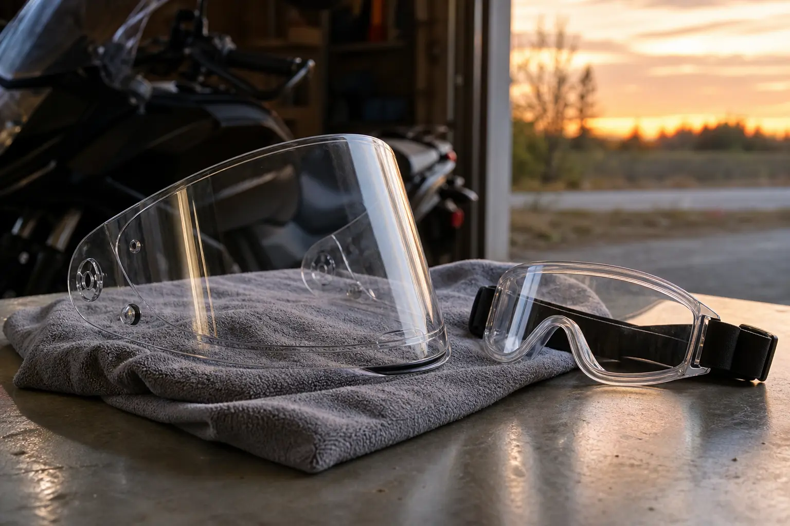 Clear face shield and goggles prepared for a dusk ride.
