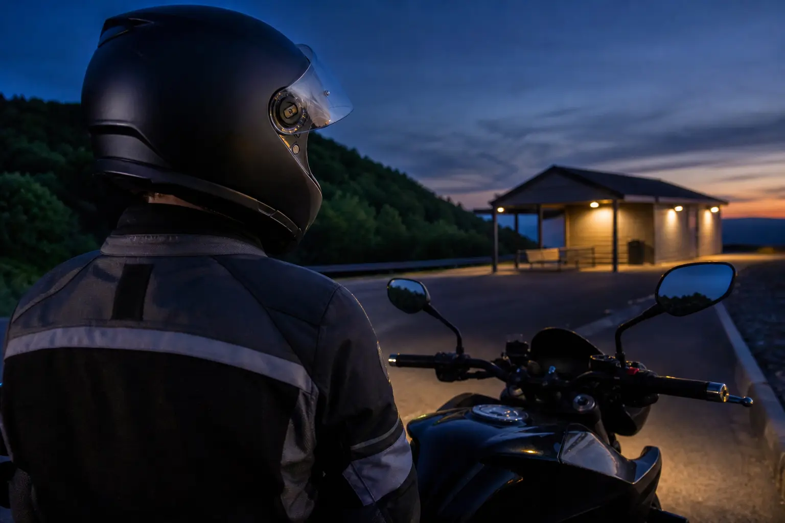 Rider pausing safely at night with clear eye protection.