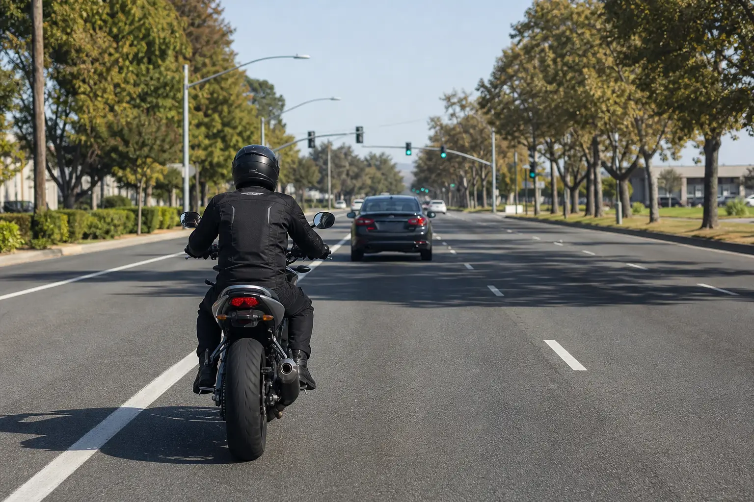Motorcyclist maintaining a generous following gap behind a car on a clear road.