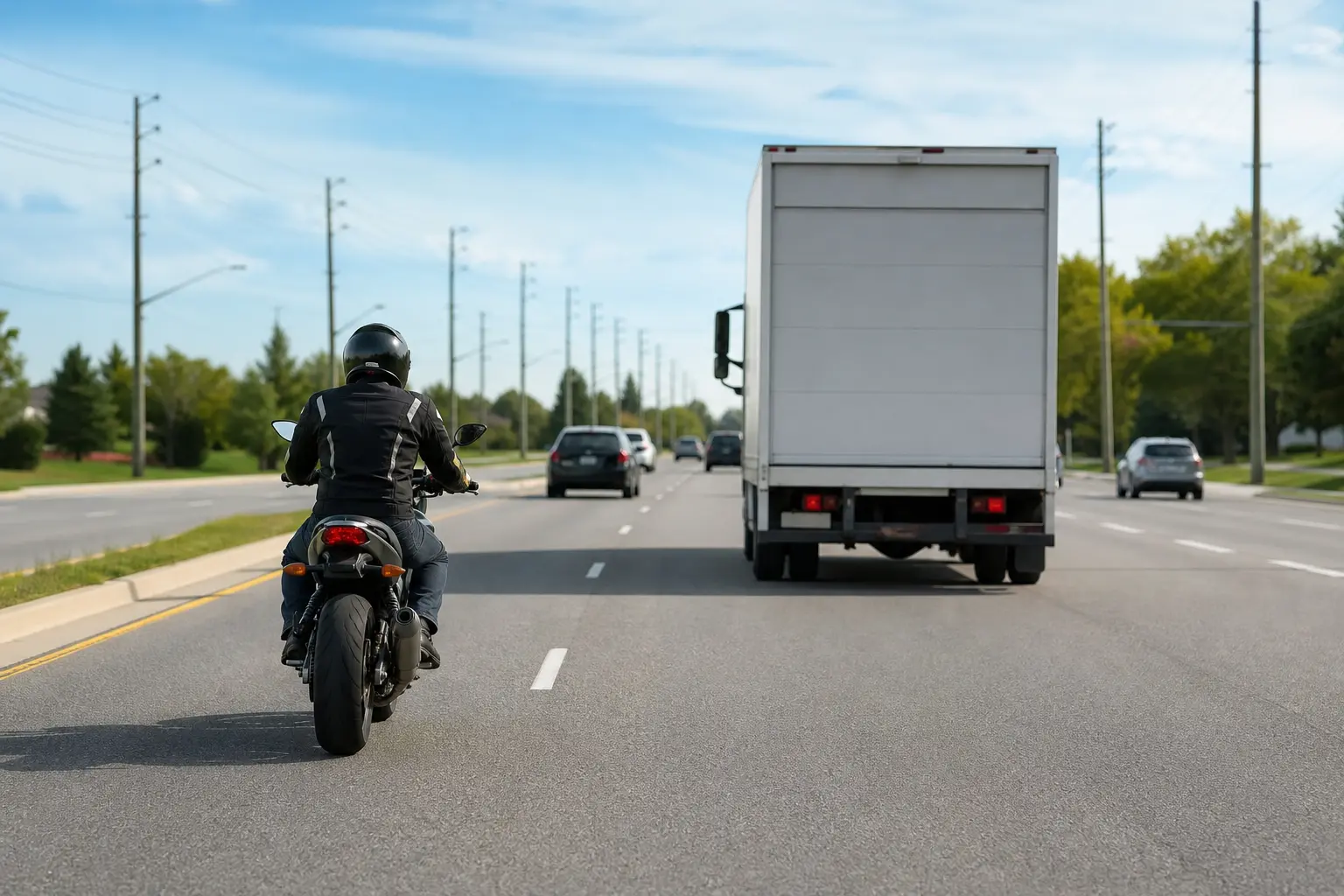 Motorcyclist using extra following space behind a tall vehicle for a clearer road view.