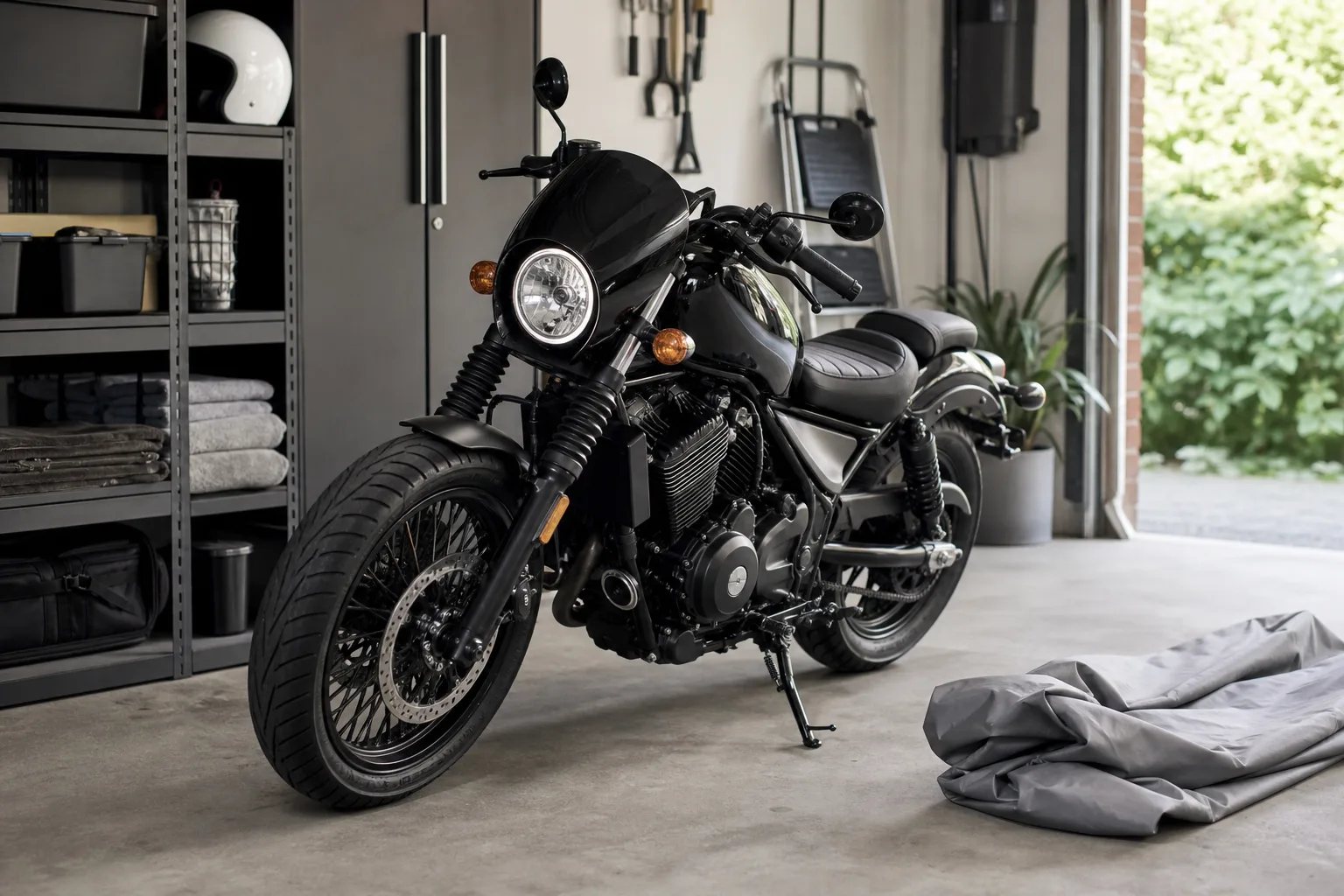 Motorcycle prepared for seasonal storage in a tidy garage.