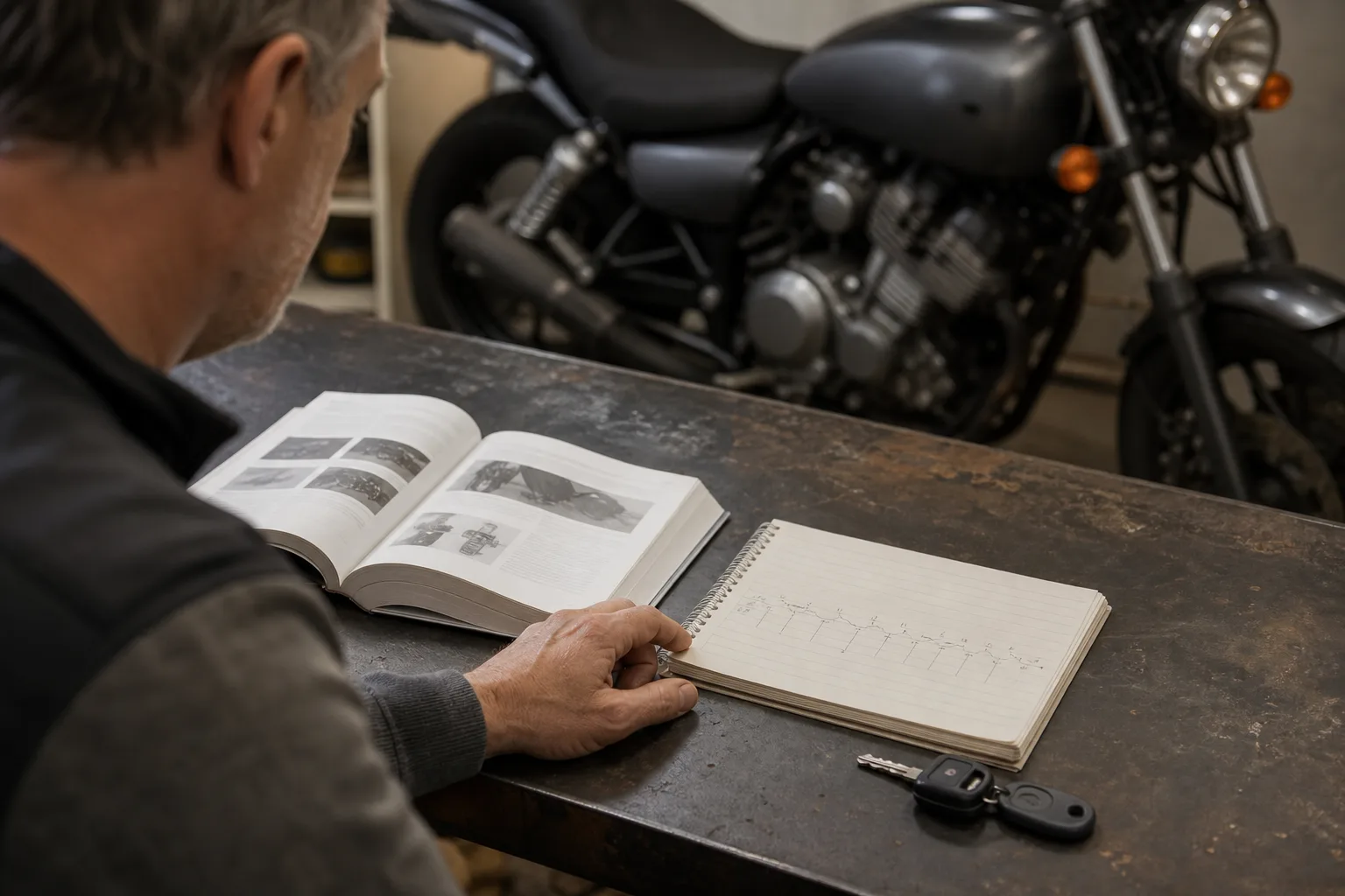 Rider comparing a motorcycle owner manual with a storage timeline.