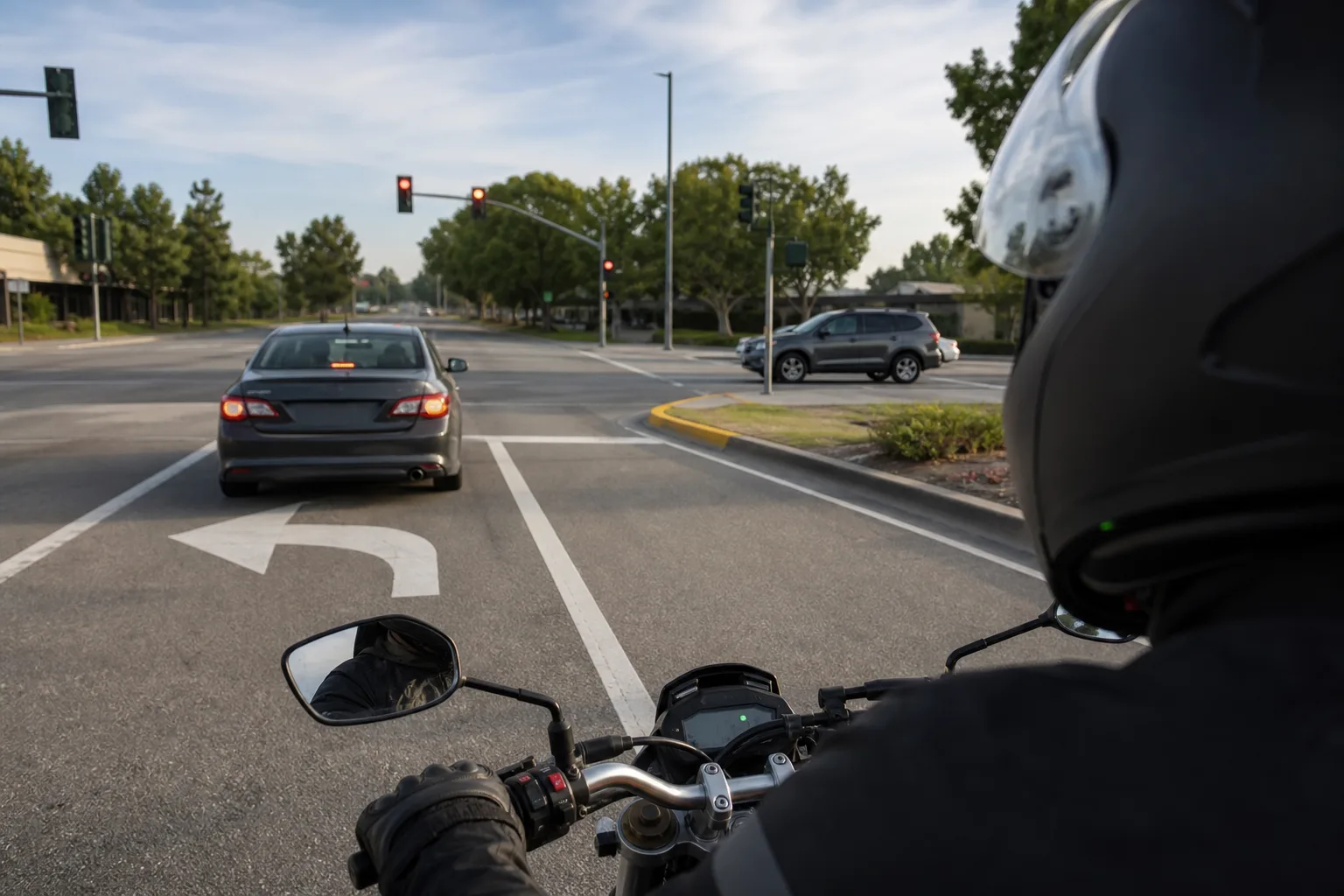 Motorcyclist scanning multiple traffic conflicts while approaching an intersection.