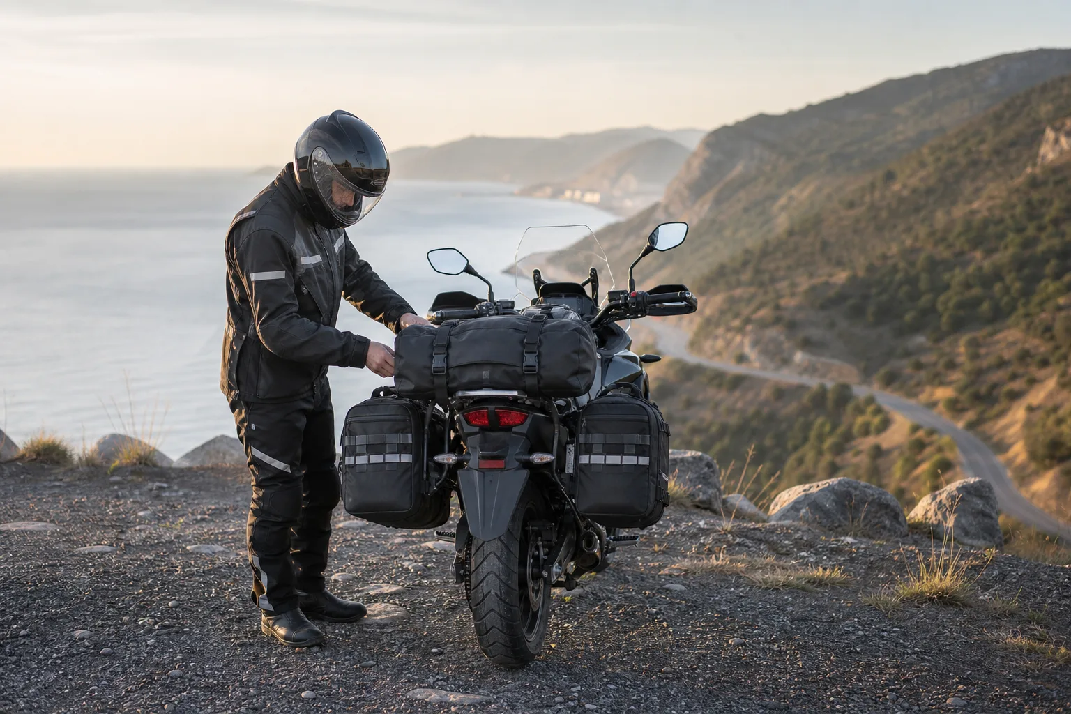 Rider checking balanced motorcycle luggage before a trip