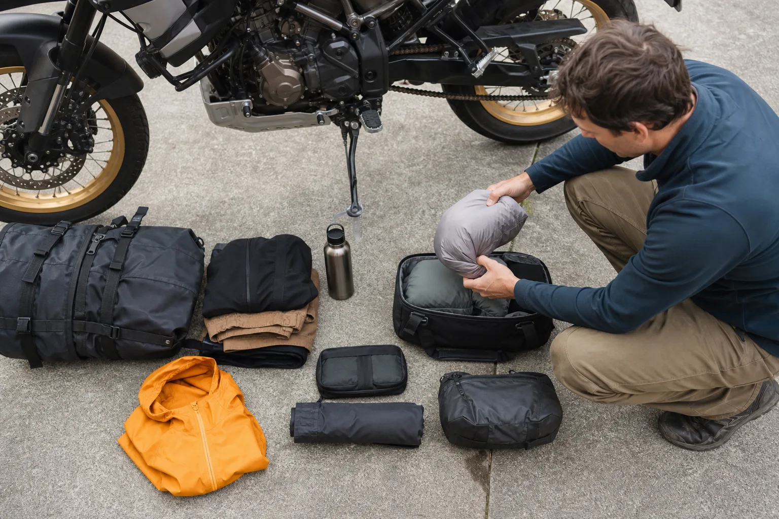 Travel gear organized before loading a motorcycle
