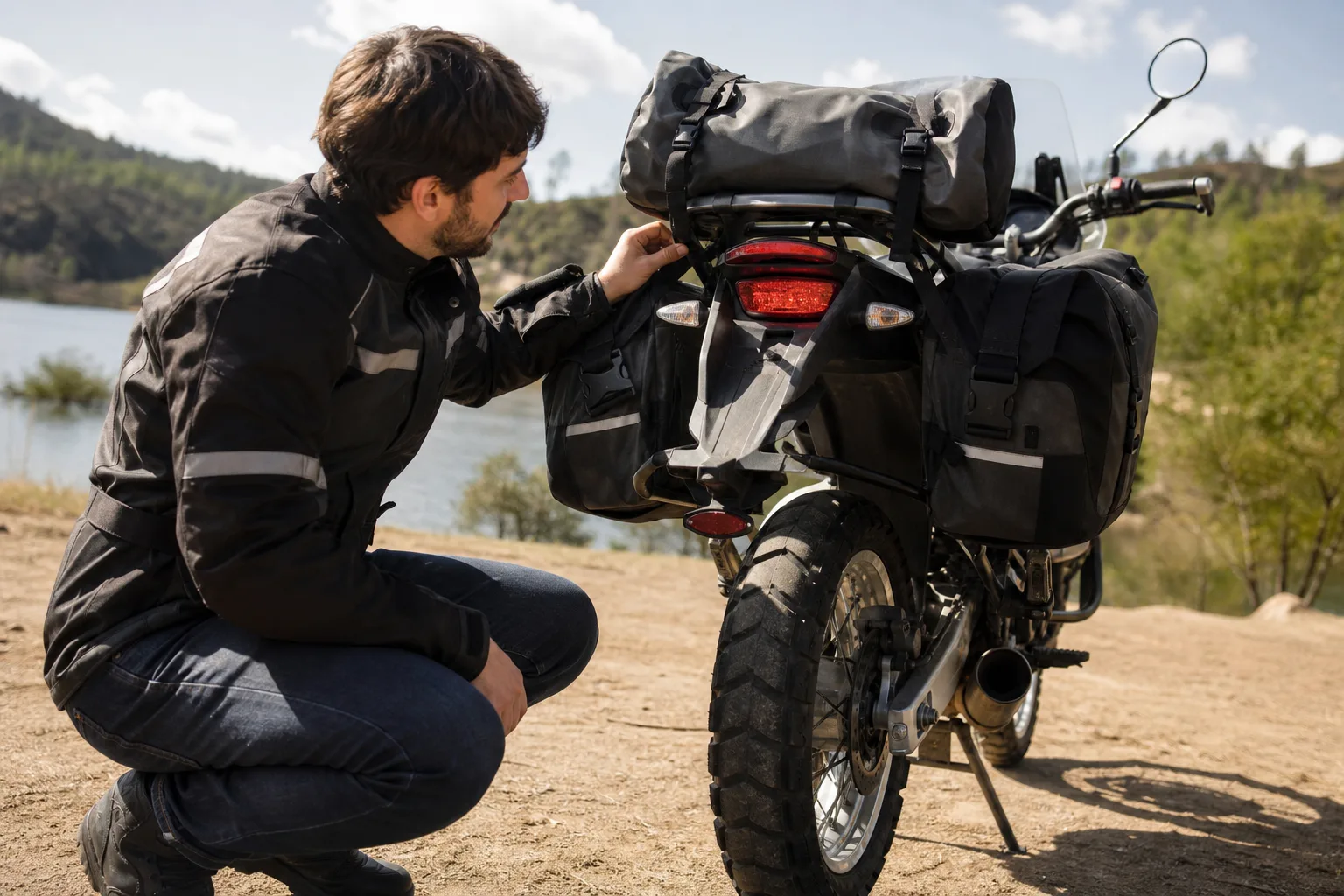 Rider inspecting motorcycle luggage clearance and securement