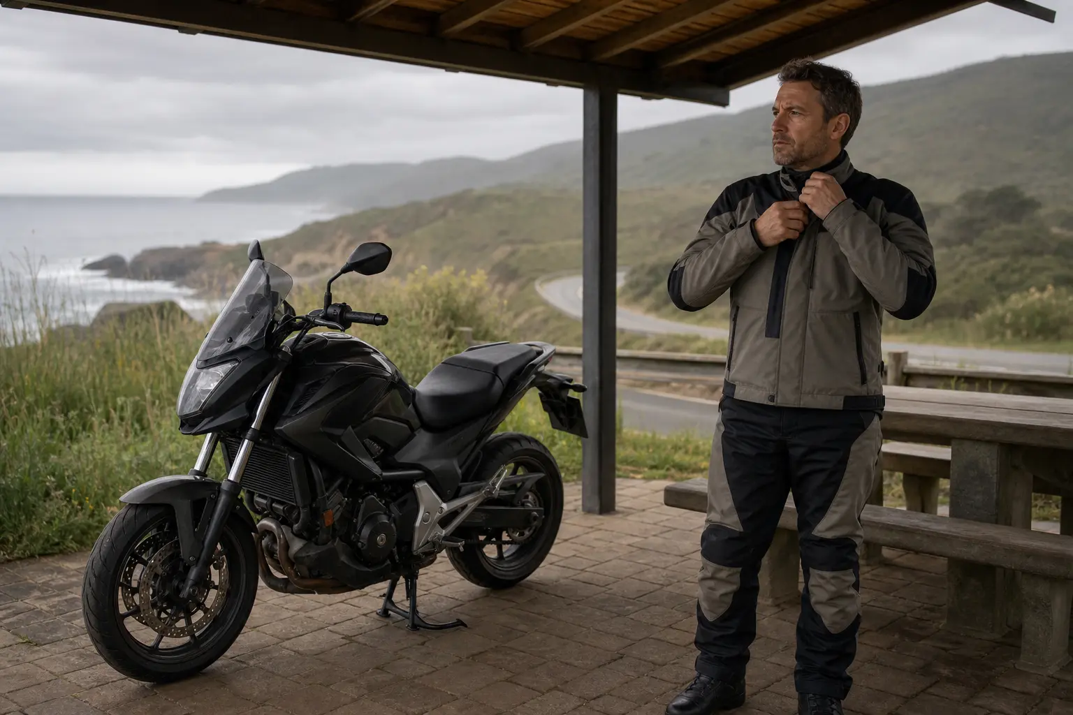Rider pausing to adjust clothing and reassess changing weather.