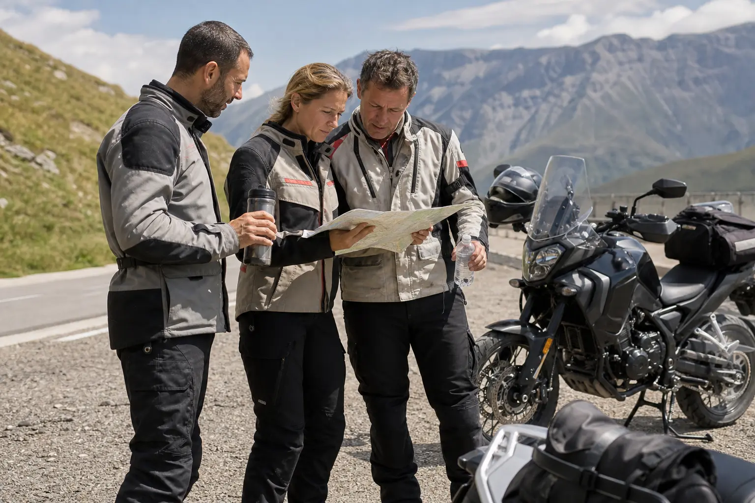 Small motorcycle group discussing its next planned stop during a trip.