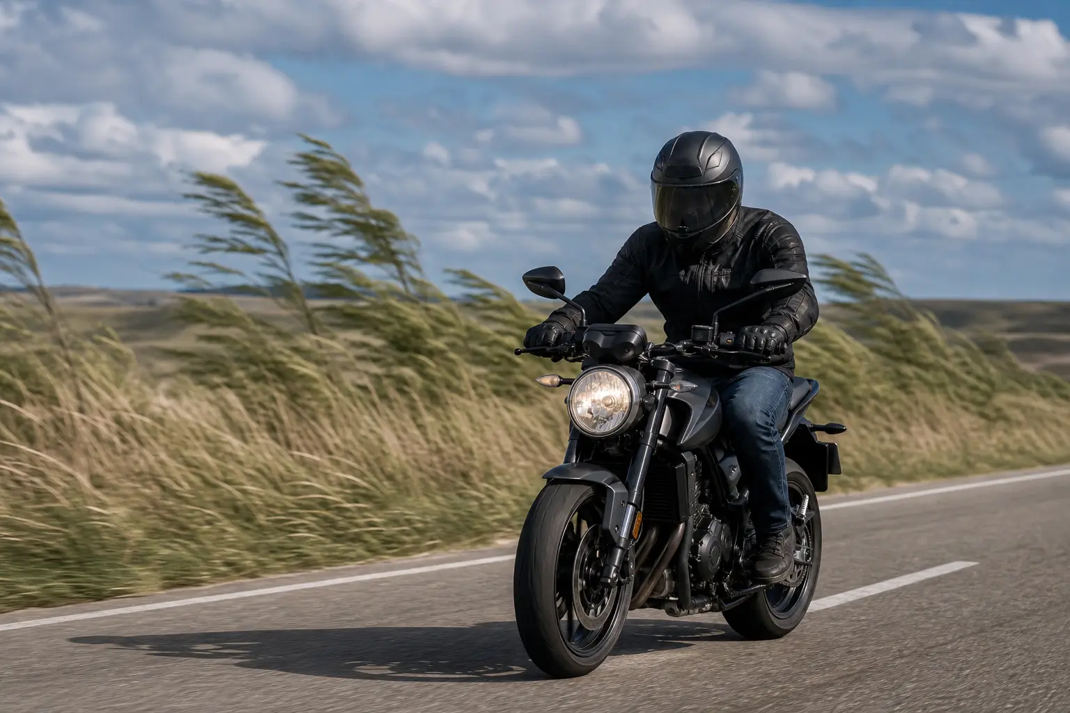 Motorcyclist riding cautiously on an exposed road in strong side wind.