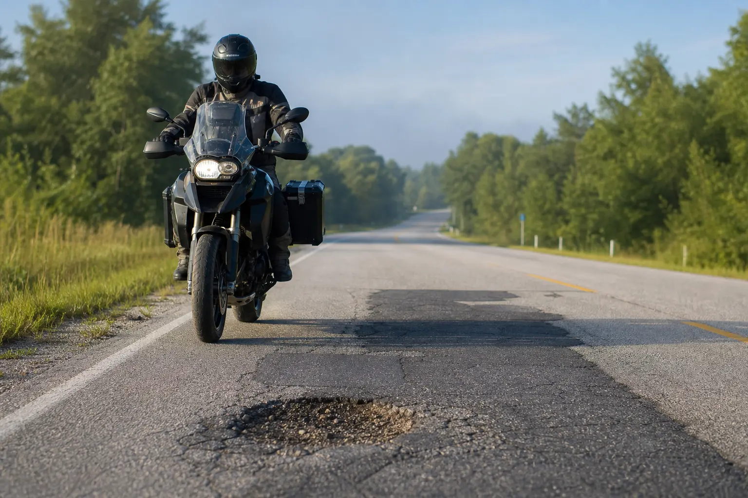 Motorcyclist approaching patched pavement and a visible pothole with room to assess the road.