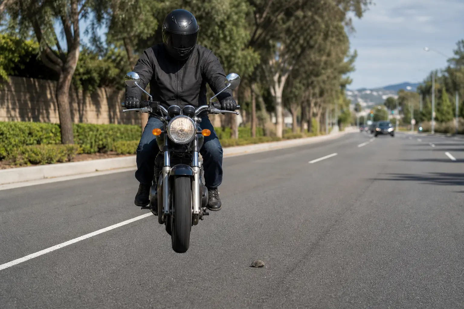 Rider maintaining a stable lane position while assessing a small object in the road.