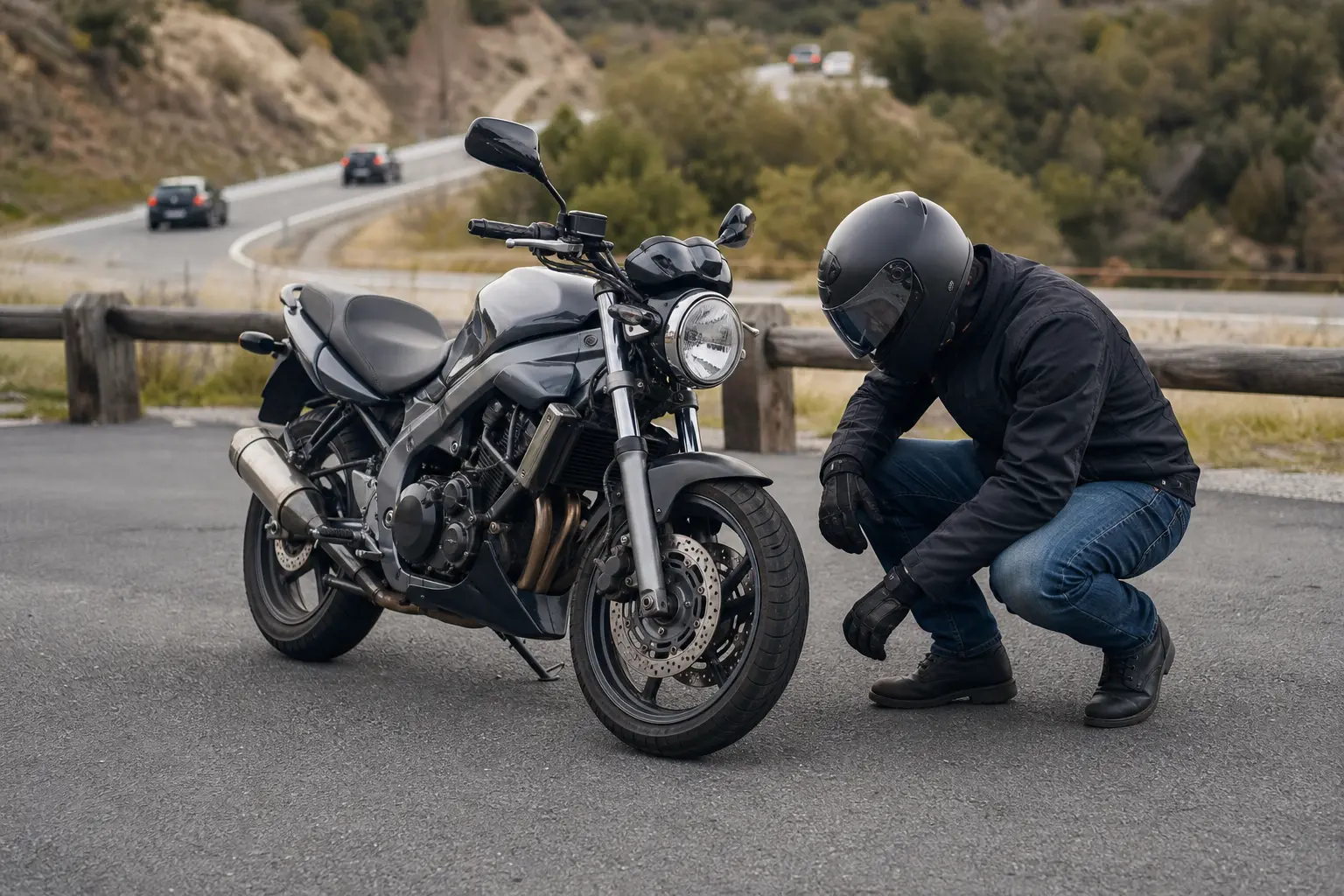 Rider visually checking a motorcycle tire and wheel after safely pulling over.