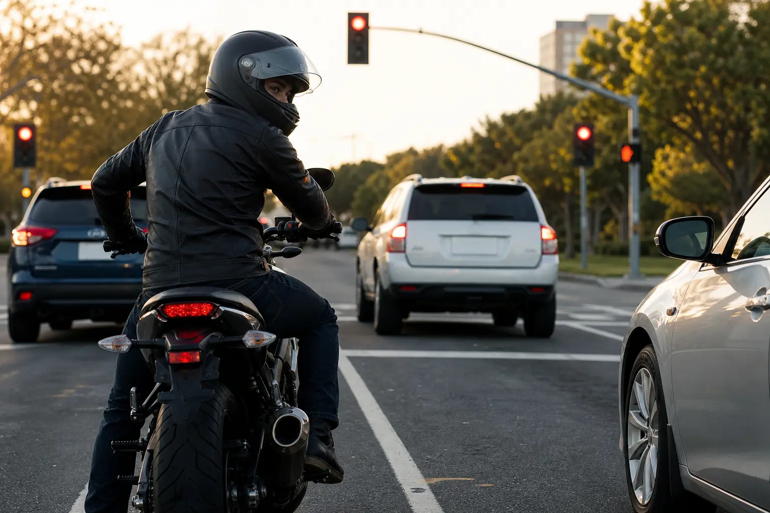 Motorcyclist at a red light checking surrounding traffic with a mirror.