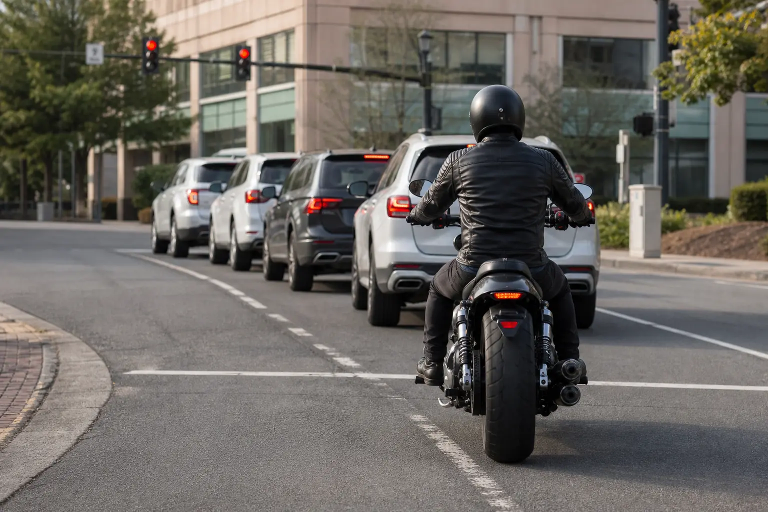 Motorcyclist approaching stopped traffic while assessing the lane and space ahead.