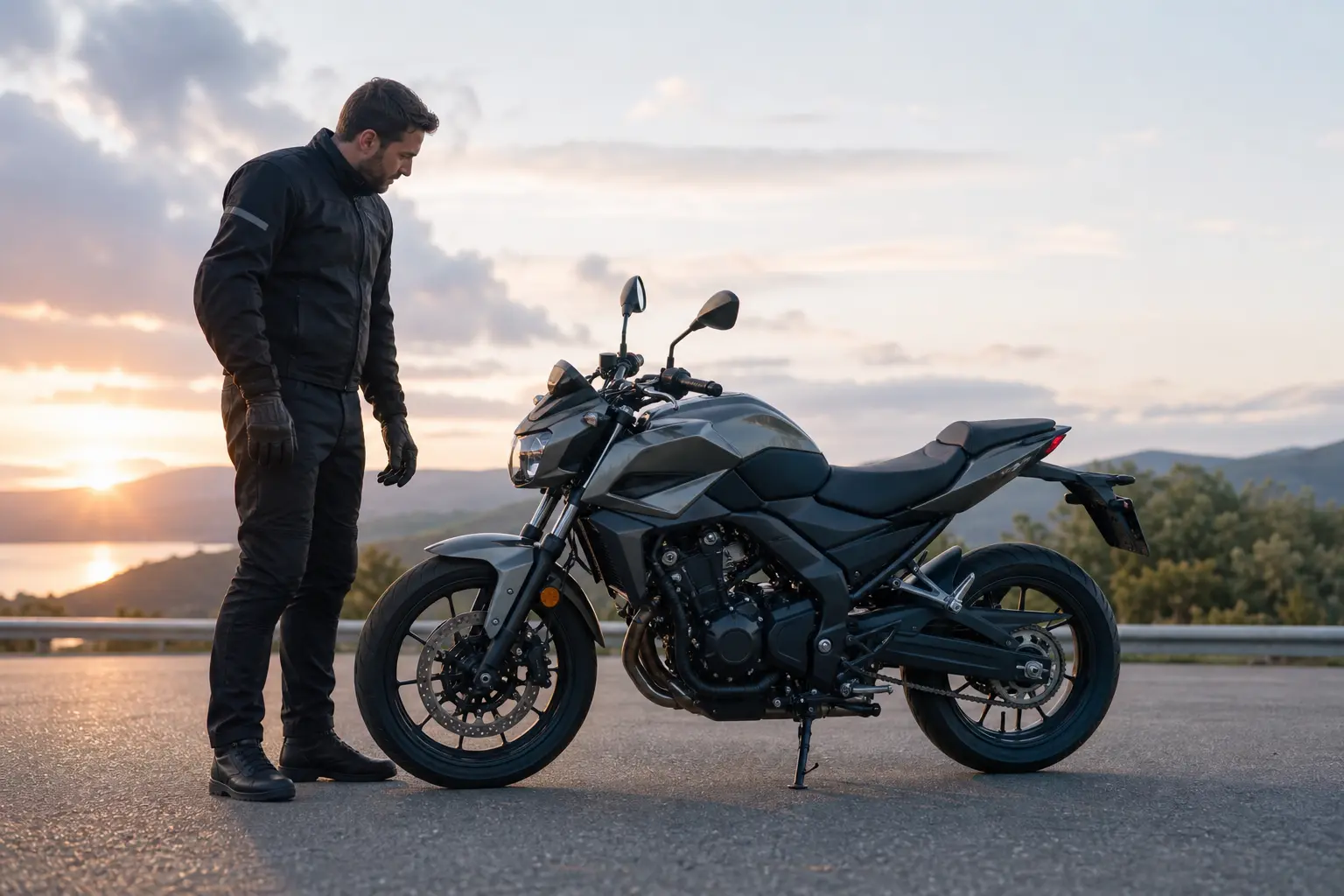 Rider visually checking a motorcycle side stand before a ride on level pavement.