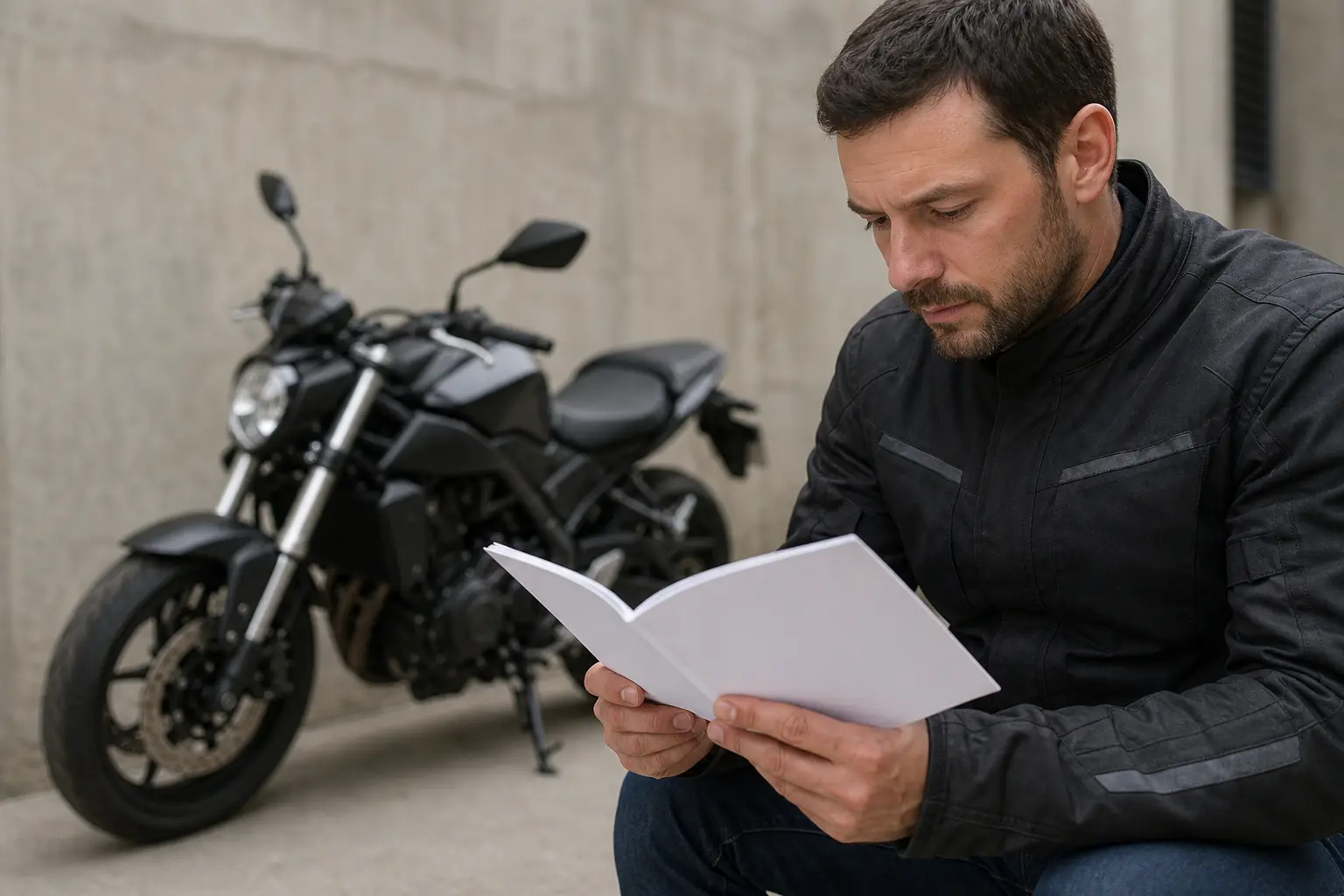 Rider consulting an owner manual beside a parked motorcycle.