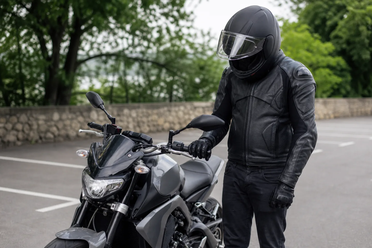 Rider inspecting a motorcycle’s right handlebar before a ride.