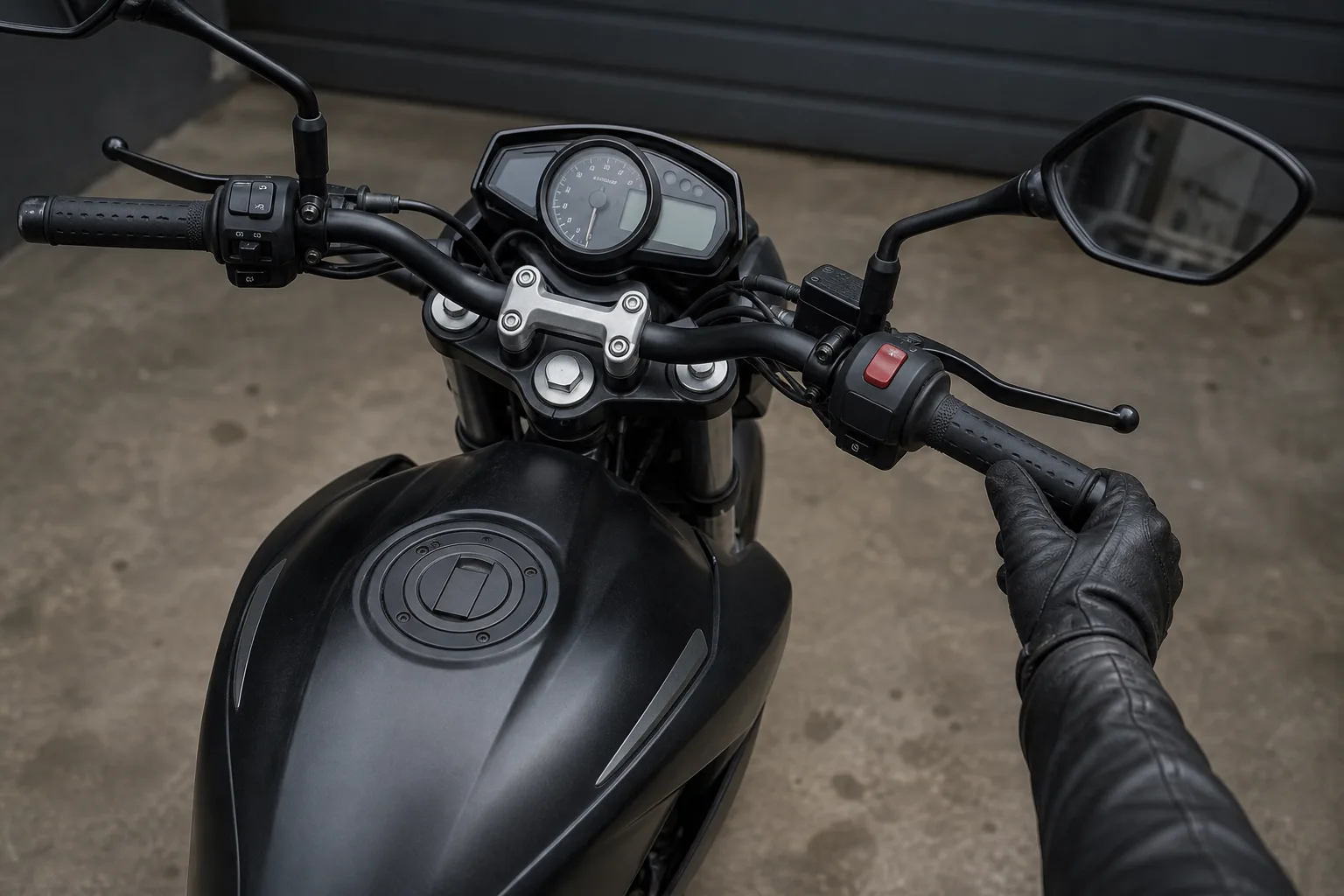 Stationary motorcycle cockpit shown during a steering-range control check.