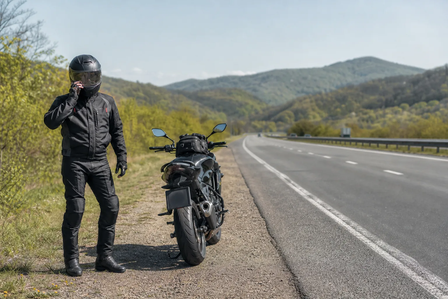 Motorcyclist safely stopped off the road after a control concern.