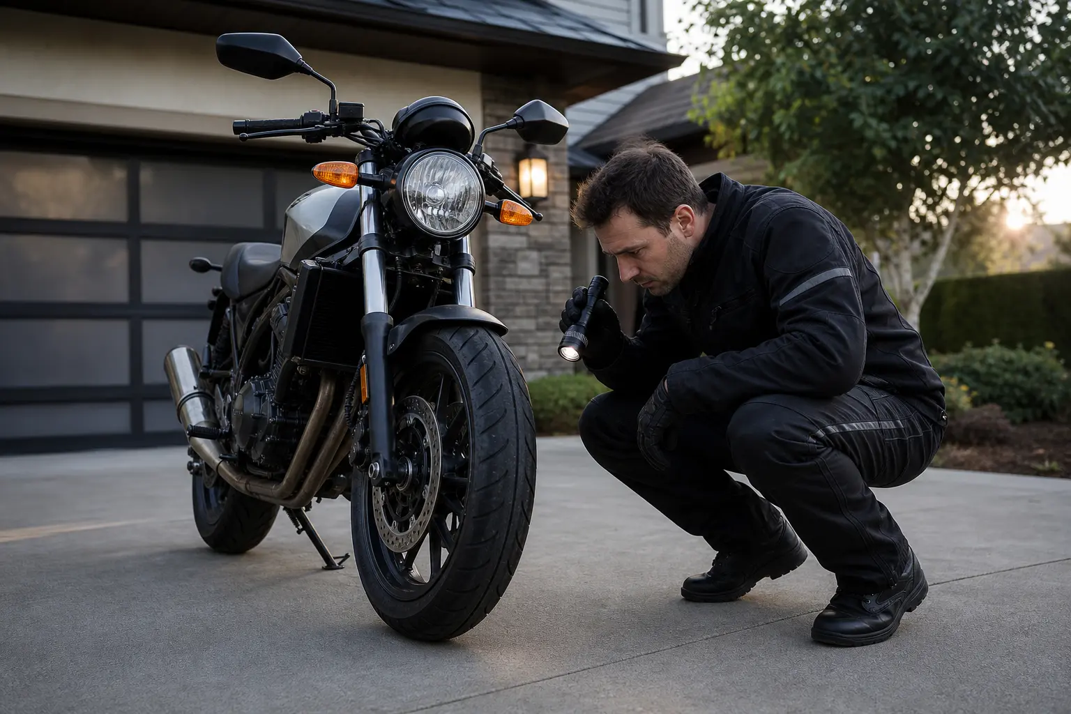 Rider visually inspecting a motorcycle front tire before a ride.