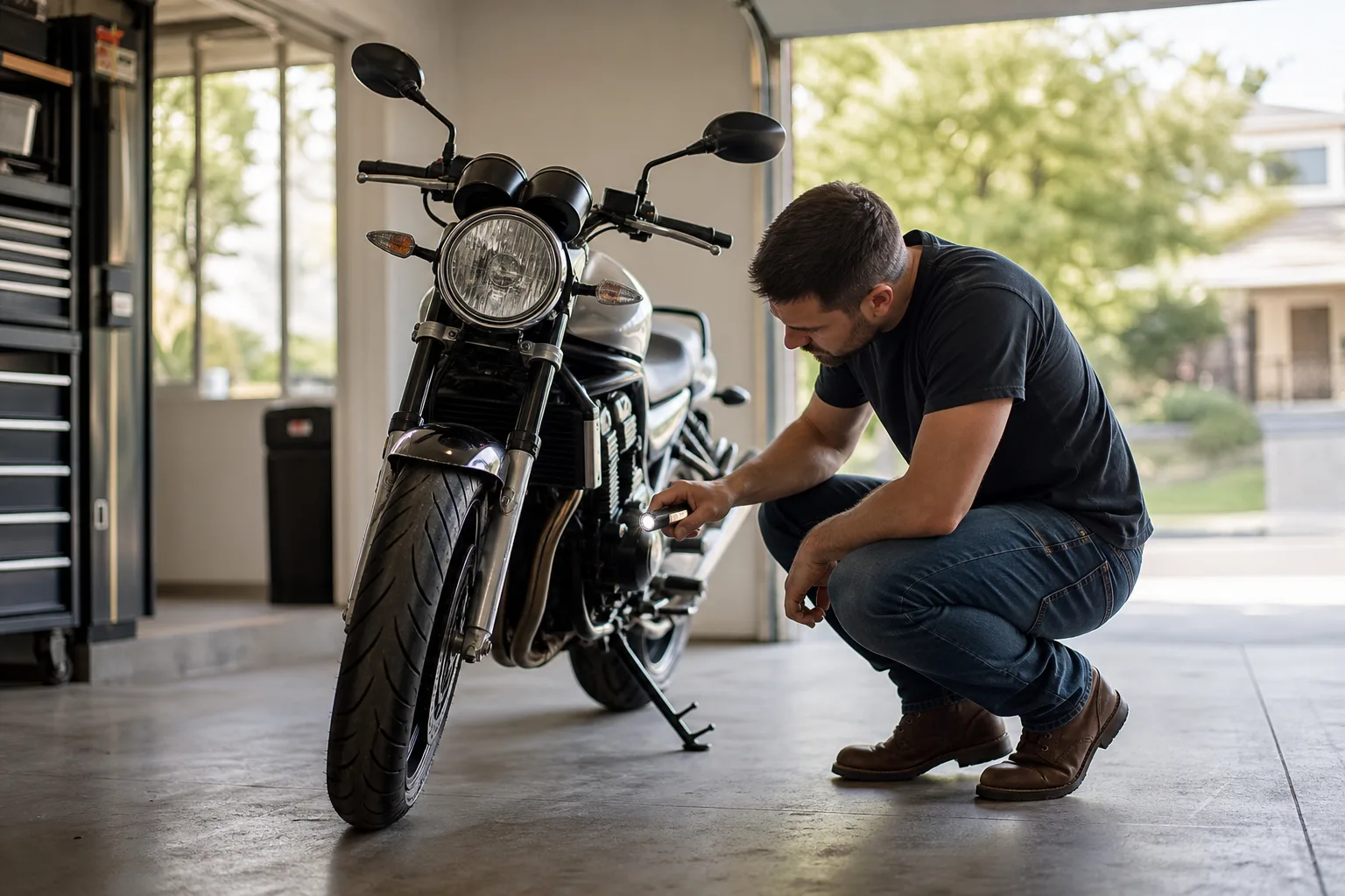 Rider visually inspecting a motorcycle front tire sidewall in a garage.