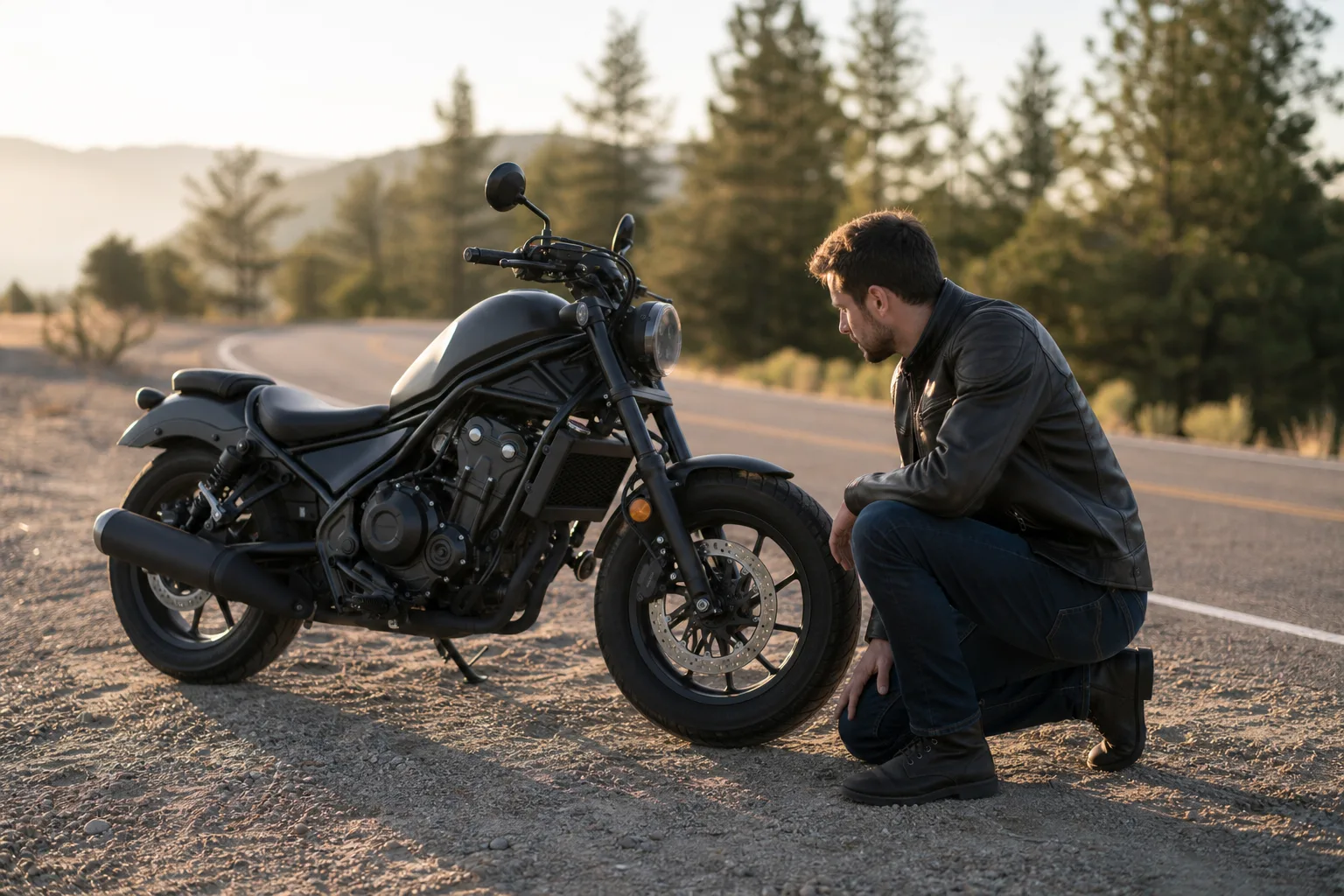 Rider performing a pre-ride visual check of a motorcycle tire.
