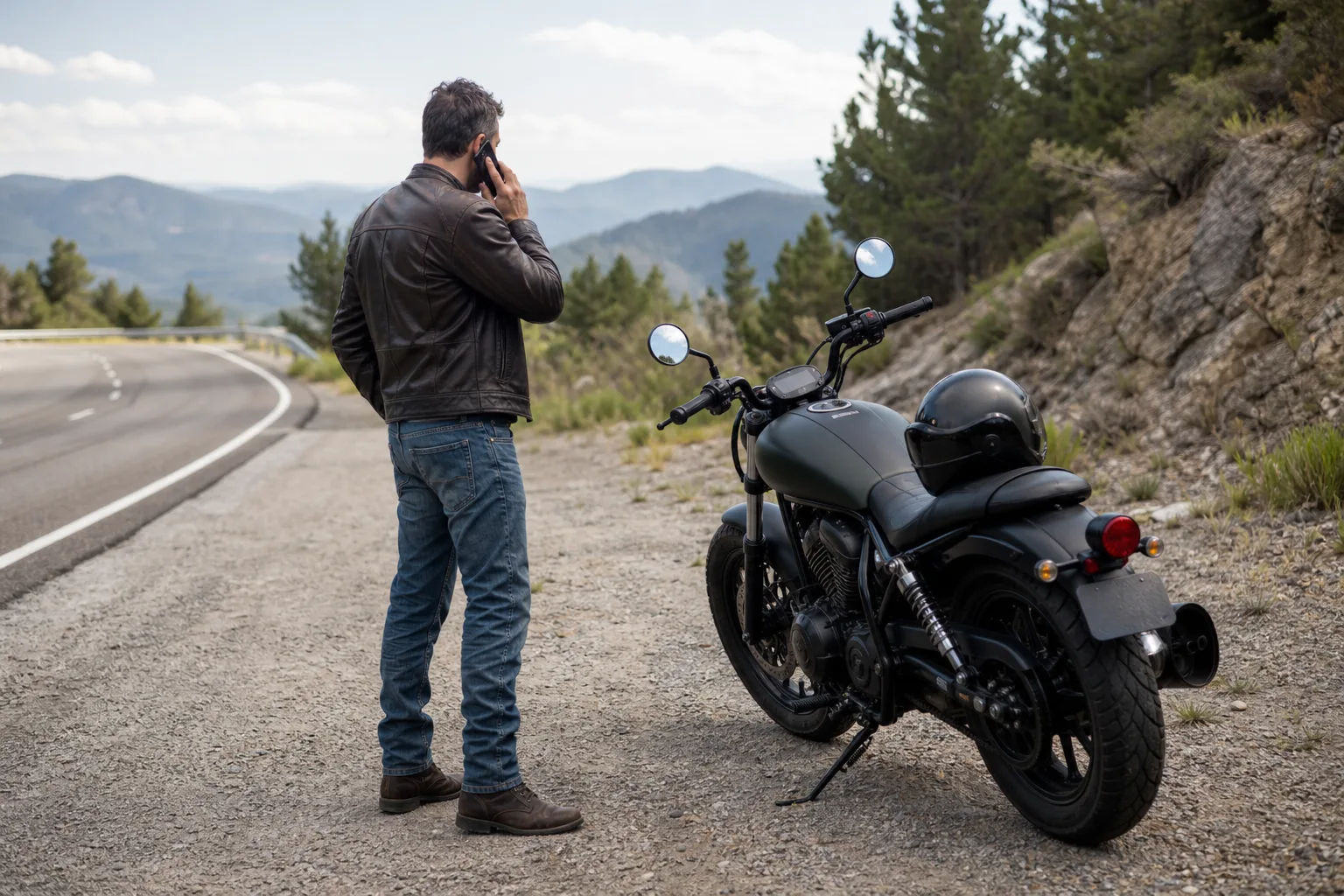 Motorcyclist arranging assistance beside a safely parked motorcycle.