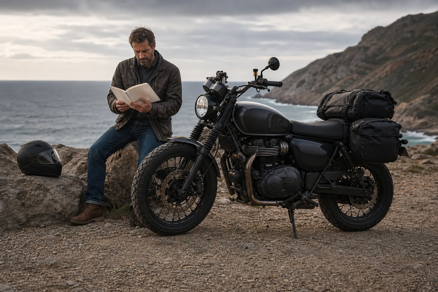 Motorcycle prepared with luggage while a rider reviews the owner manual.