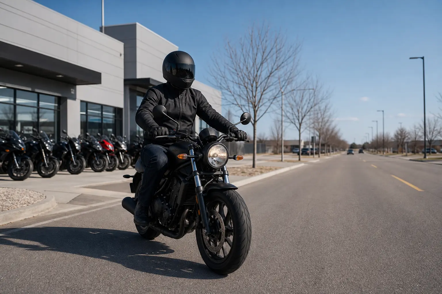 New motorcycle rider beginning a calm early ride.