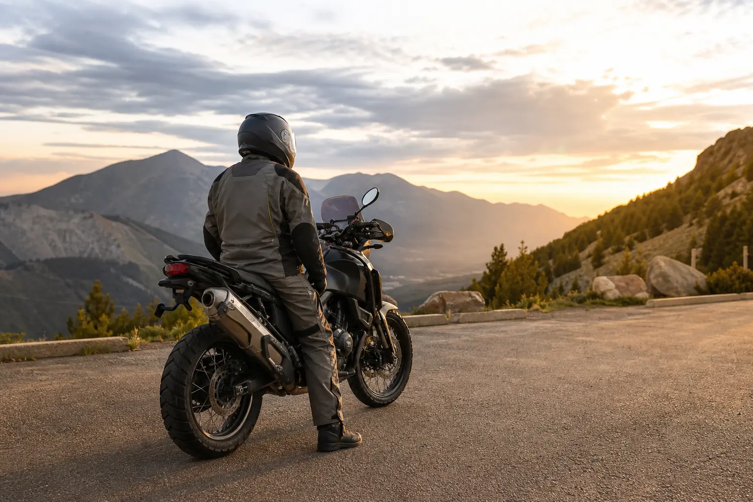 Rider assessing a firm parking area on a gentle hillside before stopping.