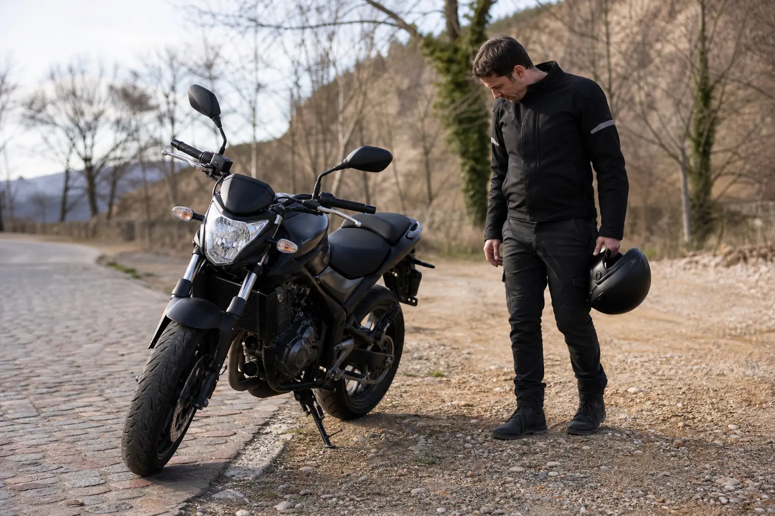 Rider checking pavement and loose gravel before parking a motorcycle.